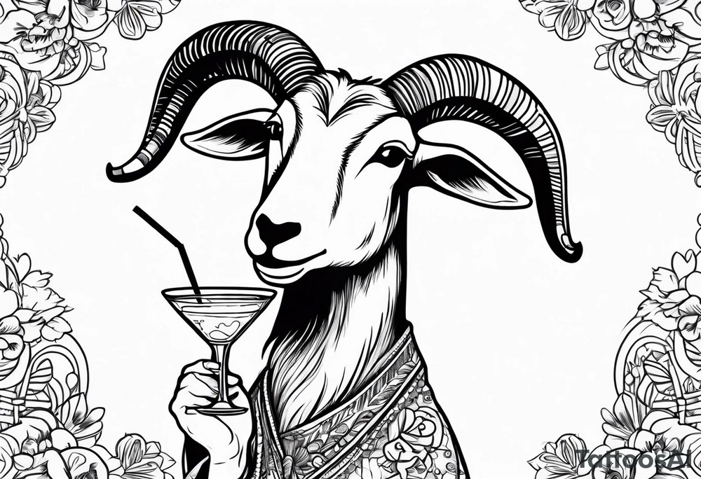 A sketch of a goat drinking a margarita tattoo idea