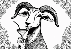 A sketch of a goat drinking a margarita tattoo idea