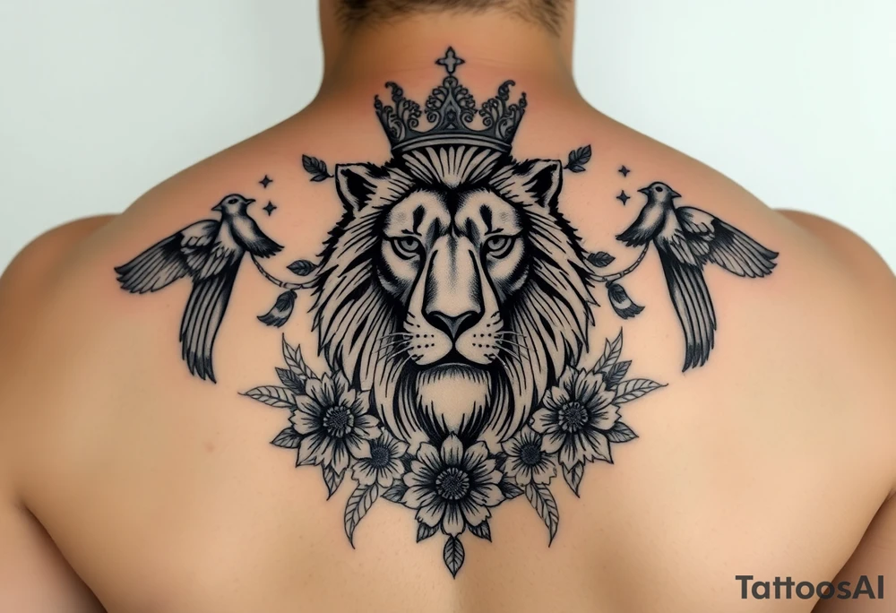 powerful majestic lion with a crown, surrounded by floral ornaments and birds tattoo idea