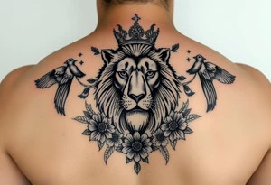 powerful majestic lion with a crown, surrounded by floral ornaments and birds tattoo idea