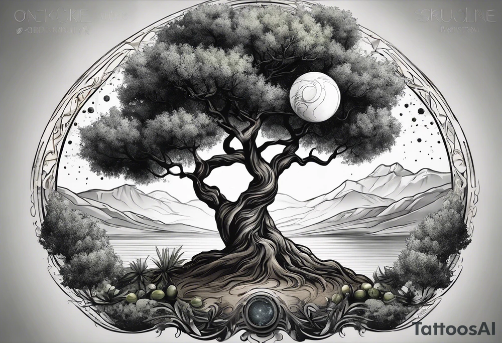 An olive tree with a black hole in the background and a small Saturn-like planet in it. tattoo idea
