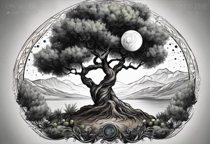 An olive tree with a black hole in the background and a small Saturn-like planet in it. tattoo idea