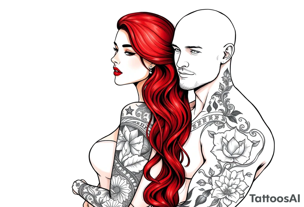 Woman with long red hair and red lipstick with lots of tattoos with  a bald muscular white man with tattoos getting married tattoo idea