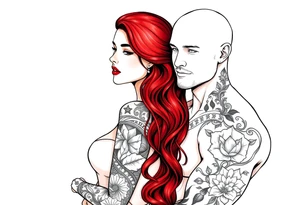 Woman with long red hair and red lipstick with lots of tattoos with  a bald muscular white man with tattoos getting married tattoo idea