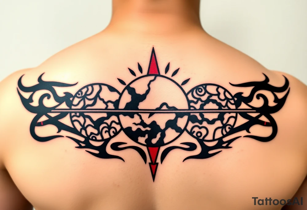 three horizontal planets. Color Black and red with more black tattoo idea
