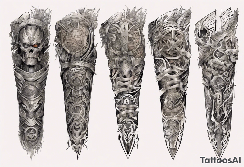 warrior sleeve with heathen writing tattoo idea