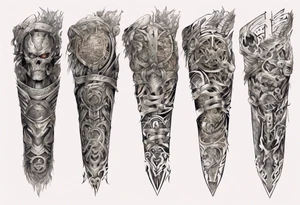 warrior sleeve with heathen writing tattoo idea