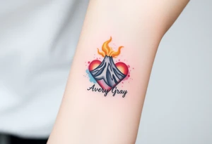 Female Geometric Volcano tattoo erupting in a heart with text Avery Gray tattoo idea