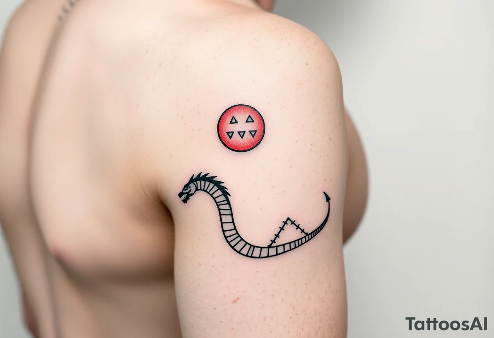 "Minimalist tattoo line wrapping around forearm. Black Greek meander pattern with:  
1. Small red sun (circle + 4 triangles)  
2. Flowing black dragon (simple zigzag)  
No background, no shading, perfect loop." tattoo idea