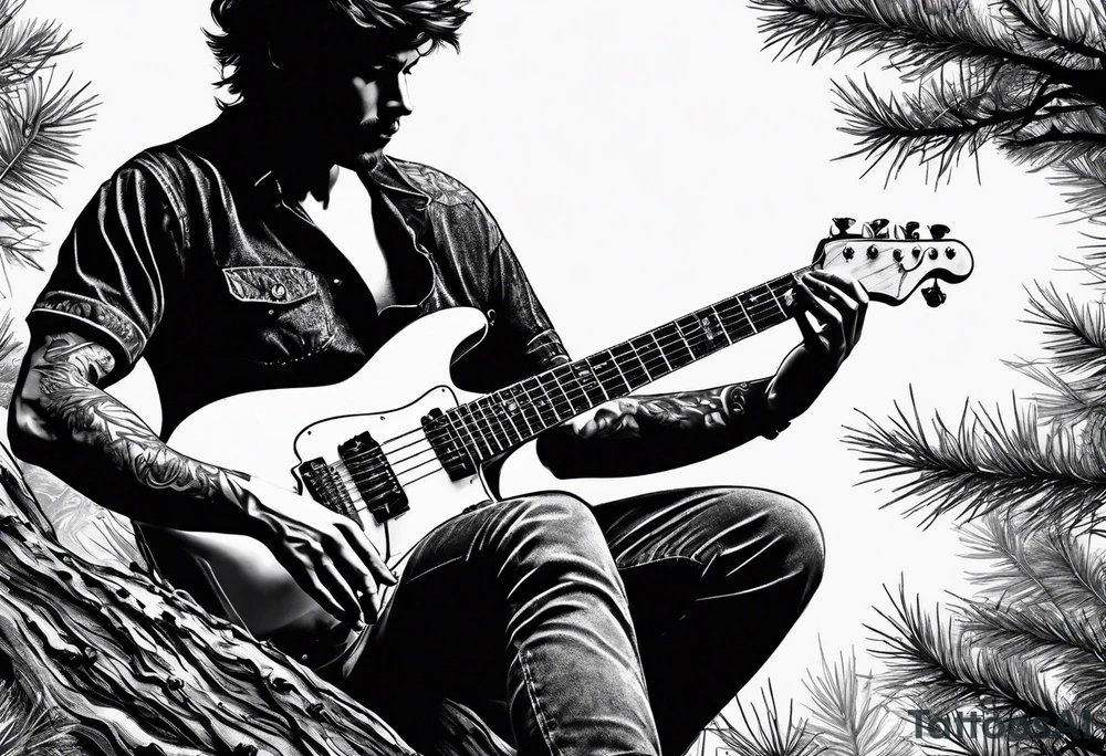 silhouette of a man sitting on a pine tree branch, playing electric guitar tattoo idea