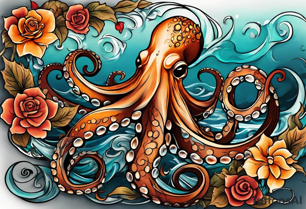 masculine abstract left thigh tattoo with a large long flowing octopus in water swirls wrapping around rocks, with a rose, in fall colors with some small leaves and fall elements tattoo idea