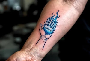 "Nehas, co te nepali." — A hand reaching out to untouched blue flames, surrounded by the quote in sharp charcoal-gray ink. tattoo idea