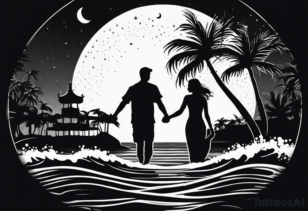 silhouette of two people holding hands on beach water with moon and palm trees tattoo idea