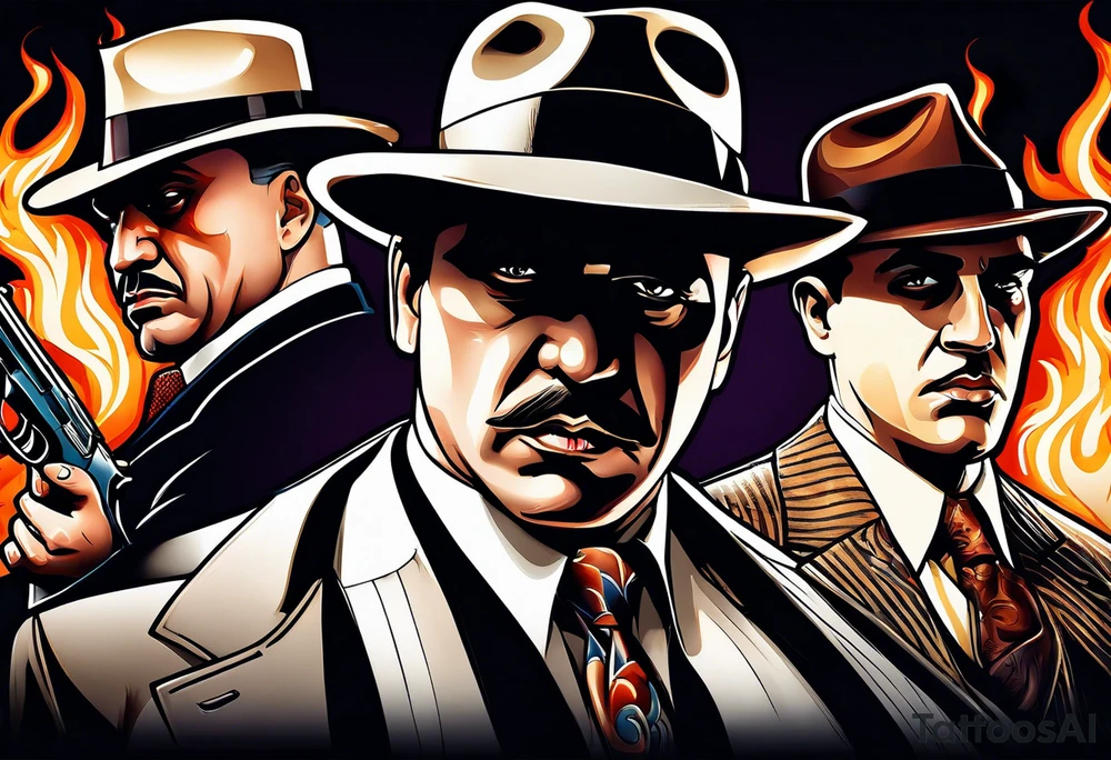 capone style gangsters having a shootout against a dark background scene with flames blues with sexy women tattoo idea
