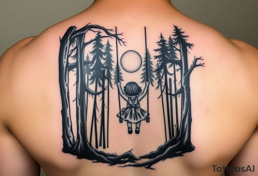 Little girl swinging in dark forest with the sun coming up but hasn’t reached her yet tattoo idea