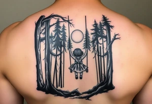 Little girl swinging in dark forest with the sun coming up but hasn’t reached her yet tattoo idea