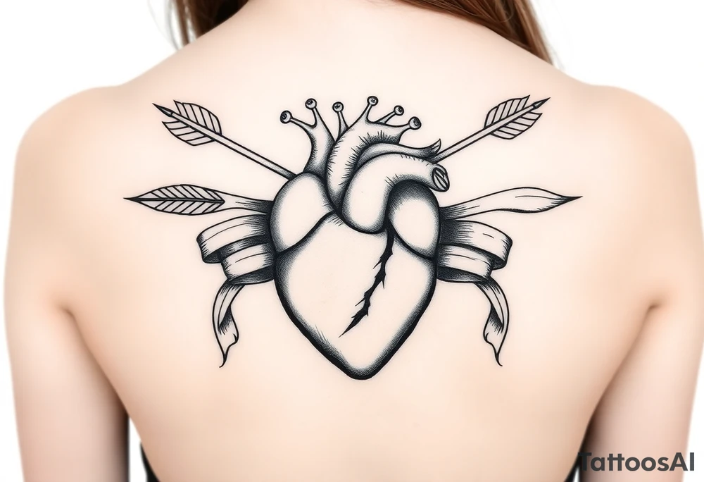 anatomical heart pierced by ornate arrow with flowing ribbons tattoo idea