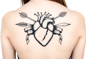 anatomical heart pierced by ornate arrow with flowing ribbons tattoo idea