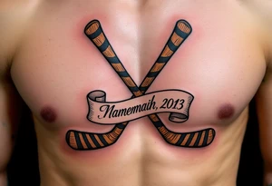 Crossed Hockey Sticks and Banner – Two detailed wooden hockey sticks (brown with black tape) crossed behind a scroll banner with a name or date in bold script. tattoo idea