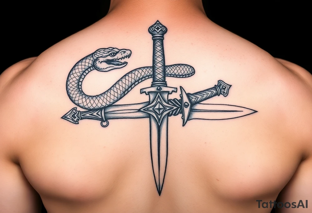 mystical snake coiled around an ancient dagger with jeweled hilt tattoo idea