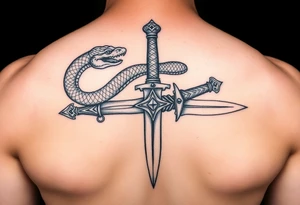 mystical snake coiled around an ancient dagger with jeweled hilt tattoo idea