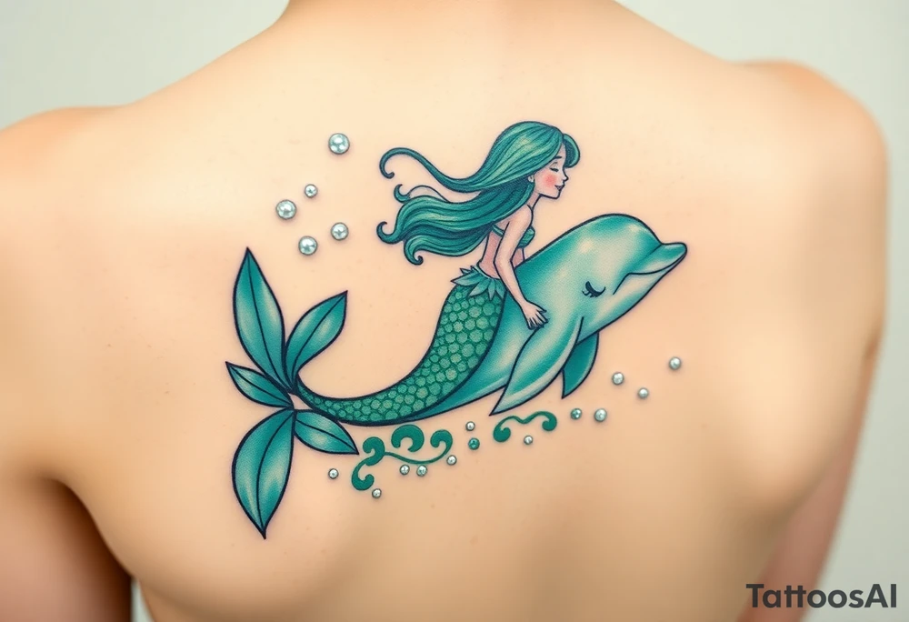 A mermaid riding a dolphin through an enchanted sea, blending deep emerald greens and luminous pearl whites tattoo idea