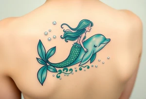 A mermaid riding a dolphin through an enchanted sea, blending deep emerald greens and luminous pearl whites tattoo idea