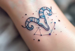 A subtle Aries star constellation map in pastel blues and pinks with the zodiac sign’s cosmic connection with a soft elegance. tattoo idea