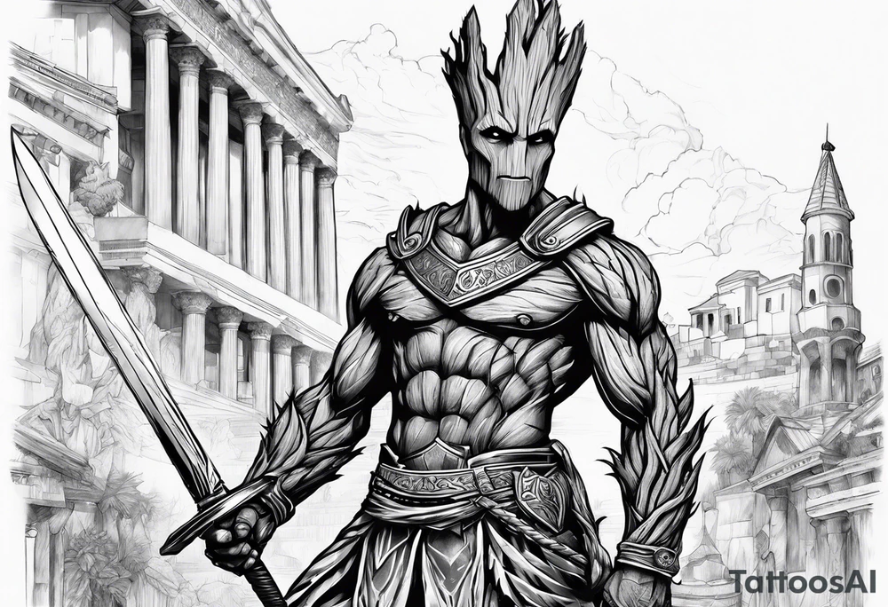 Groot greek warrior, half viewed with sword, knight, buildings are behind tattoo idea