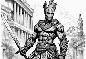 Groot greek warrior, half viewed with sword, knight, buildings are behind tattoo idea