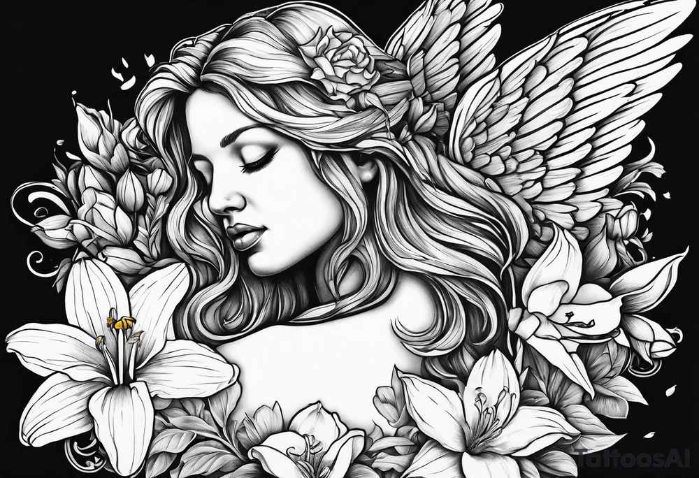 crying angel with head tilted down surrounded by lily, daffodil, rose, daisy, narcissus with a hummingbird tattoo idea