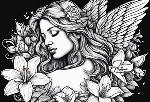 crying angel with head tilted down surrounded by lily, daffodil, rose, daisy, narcissus with a hummingbird tattoo idea