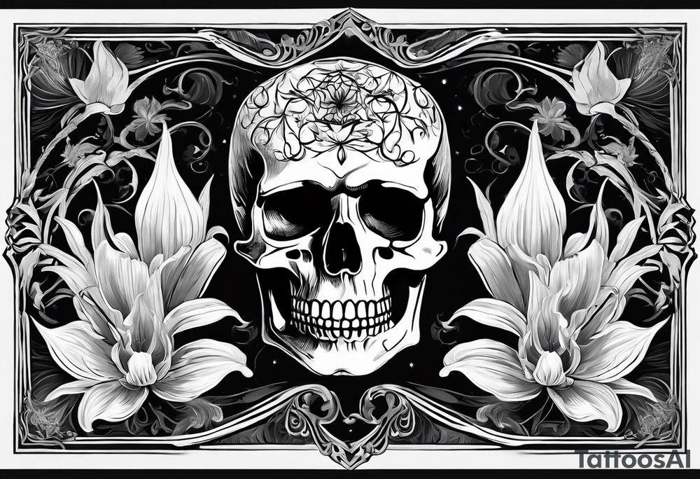 Tarot card with Vincent Van Gogh's painting Skull with a Burning Cigarette. The boarders of the tarot card should be simple with spider lilies in each corrner which go beyond the boarder. The smoke fromthe cigarette should also go beyond the boarder tattoo idea
