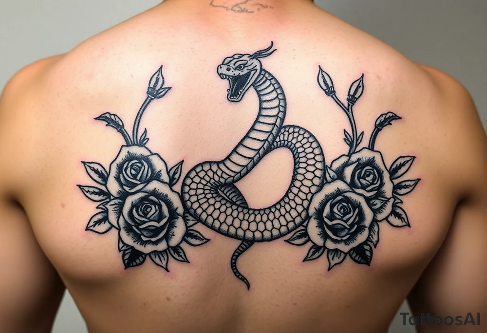 powerful majestic snake surrounded by rose ornaments tattoo idea