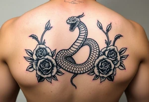powerful majestic snake surrounded by rose ornaments tattoo idea