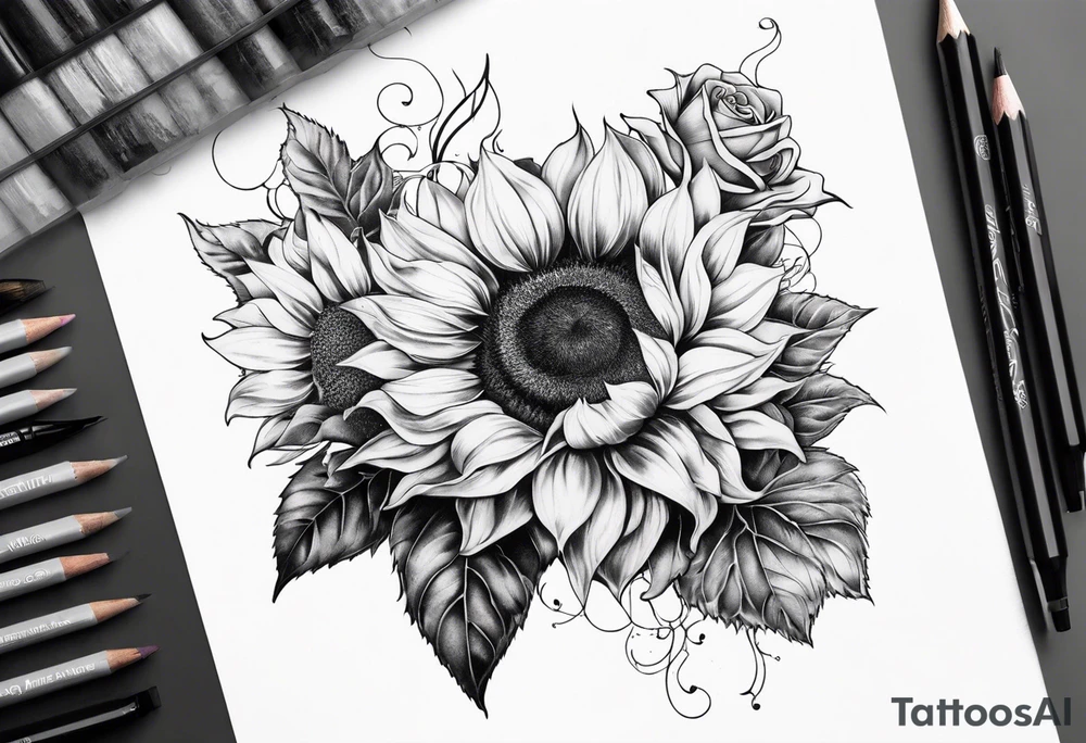 Sunflower, rose flower tattoo idea