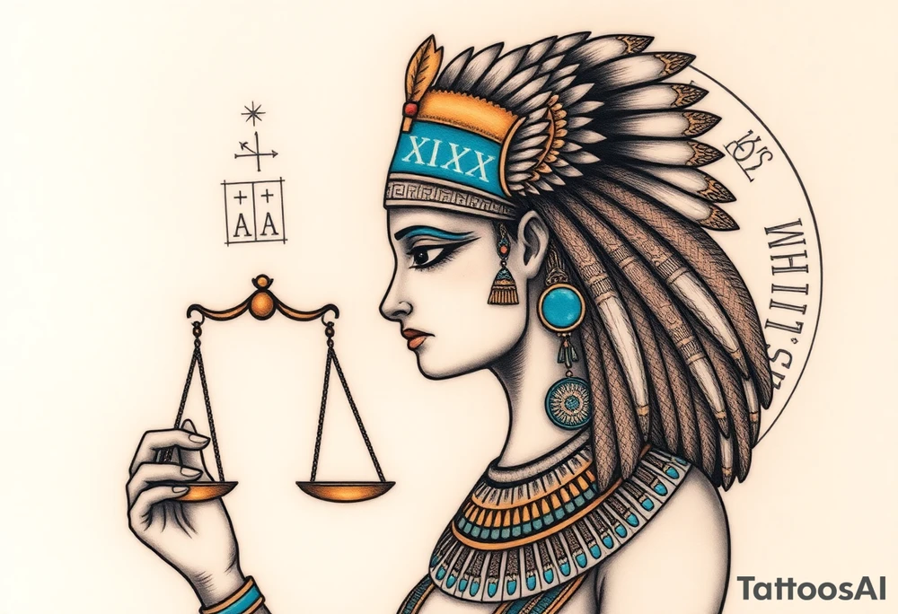 Super realistic tattoo design of the Egyptian goddess Ma’at, depicted as a serene and regal woman with an elegant ostrich feather on her head symbolizing truth and balance, wearing traditional ancient Egyptian attire with intricate gold and turquoise jewelry, holding scales of justice in one hand. The design features detailed facial features with soft natural lighting, realistic skin texture, and subtle shading to emphasize depth and dimension. Background elements include faint hieroglyphics and cosmic symbols representing order and harmony. Style: hyper-realistic, high detail, focused on symbolism and spiritual essence, suitable for upper arm or chest tattoo. tattoo idea