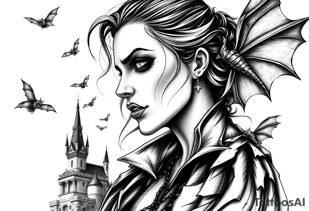 female vampire,bats,old castle. tattoo idea