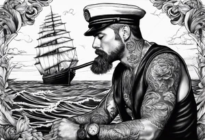 Sailor in 
sea with his ship holding his cigar tattoo idea