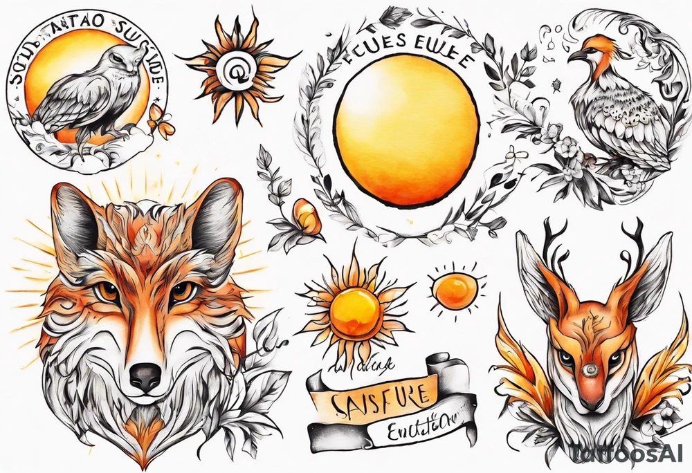 Fuchs und Eule unter der Sonne mit dem Schriftzug Sapere Aude tattoo idea
