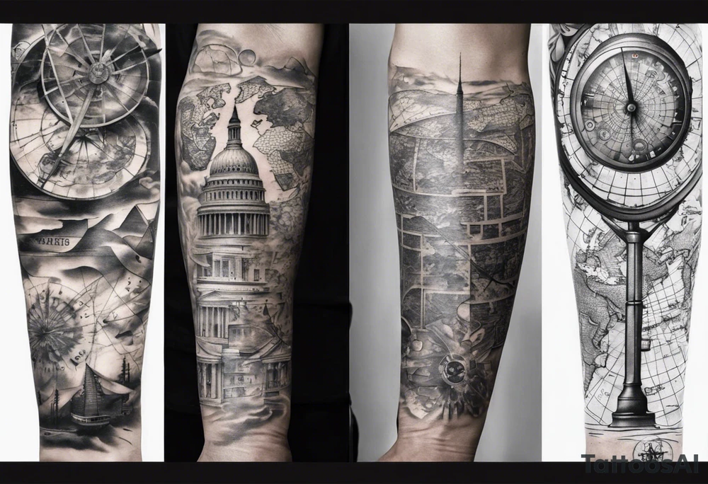 full arm tattoo for man with images of maps and travel and science tattoo idea
