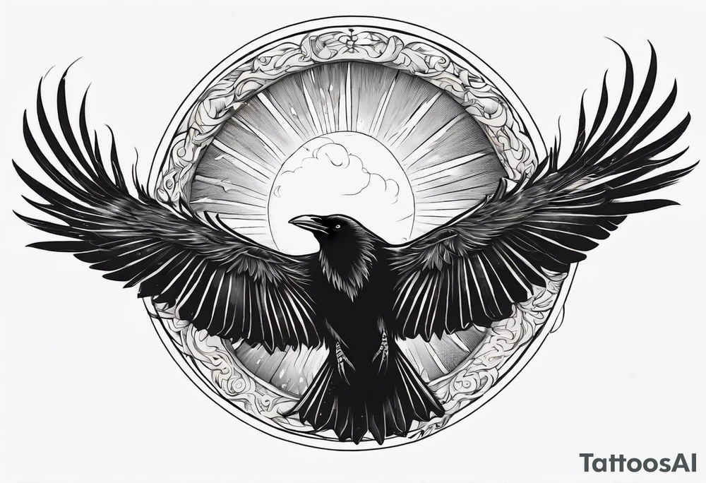 Cunning Raven flying towards Sun. tattoo idea