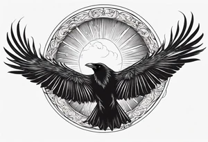 Cunning Raven flying towards Sun. tattoo idea
