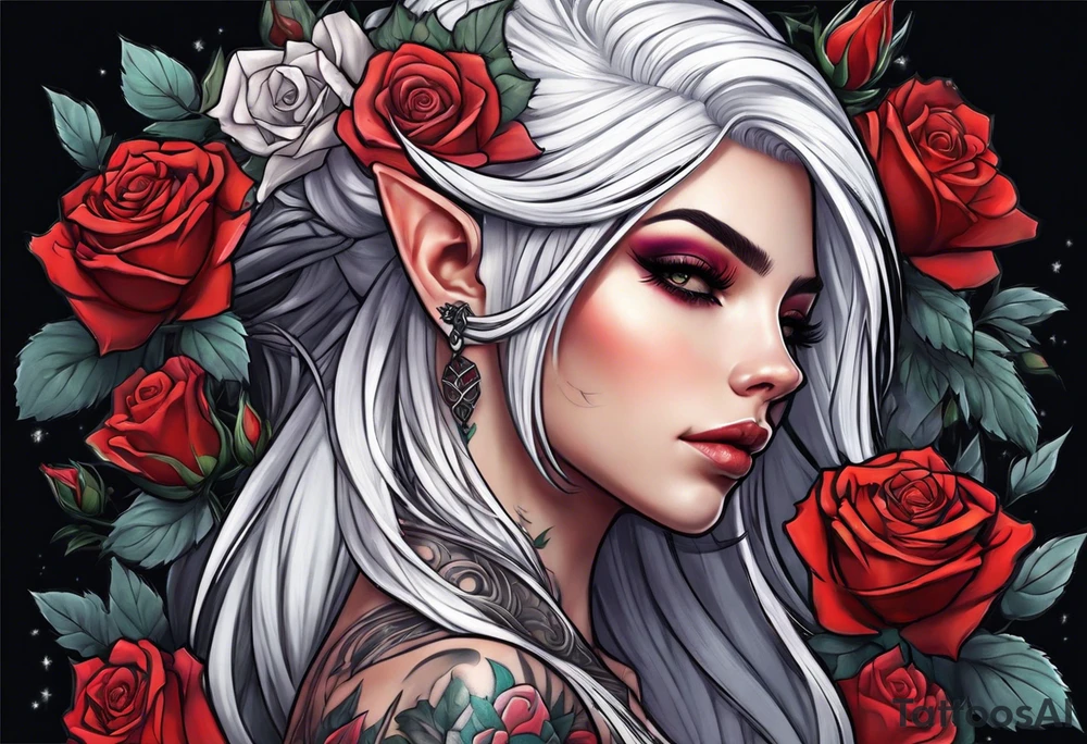 night elf full body with white hair and roses tattoo idea