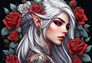 night elf full body with white hair and roses tattoo idea