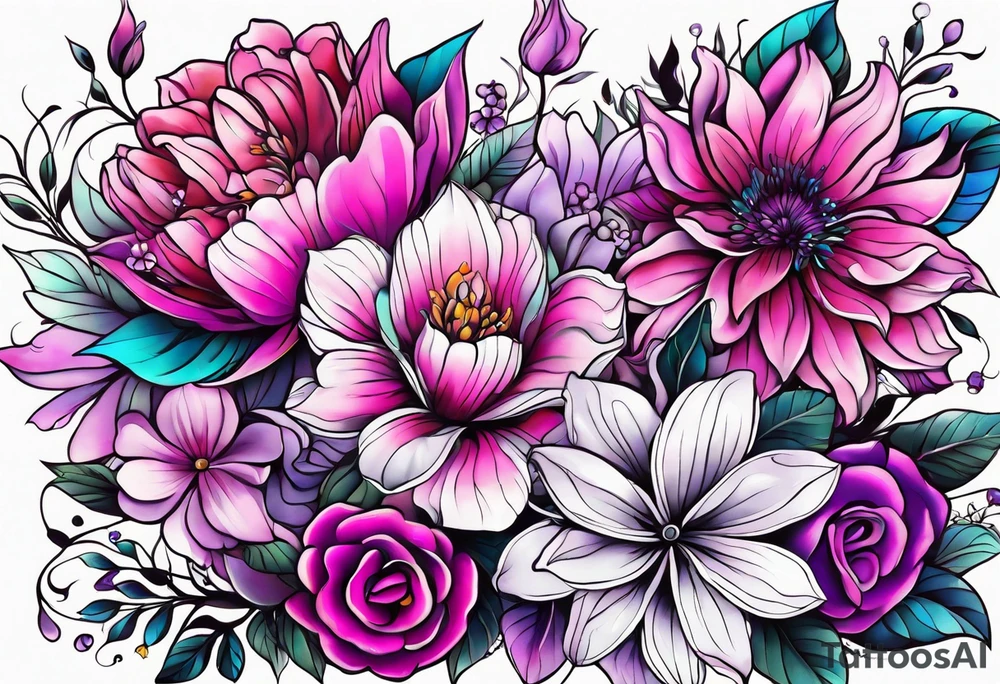 Bright, colorful, lots of pinks and purples flower arm tattoo tattoo idea