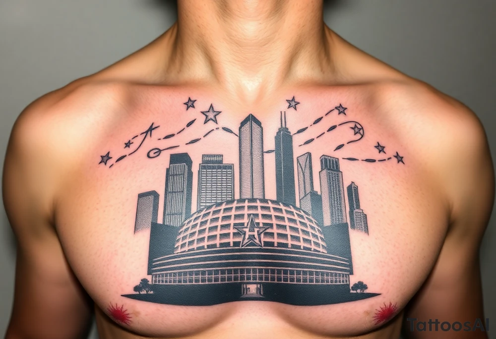 Houston texas skyline Behind houston astrodome, stars nighttime stars and clouds, Houston cursive in sky, Houston Astros star,fill in smoke stars in space, shooting astros star, shooting Houston rockets, money tattoo idea