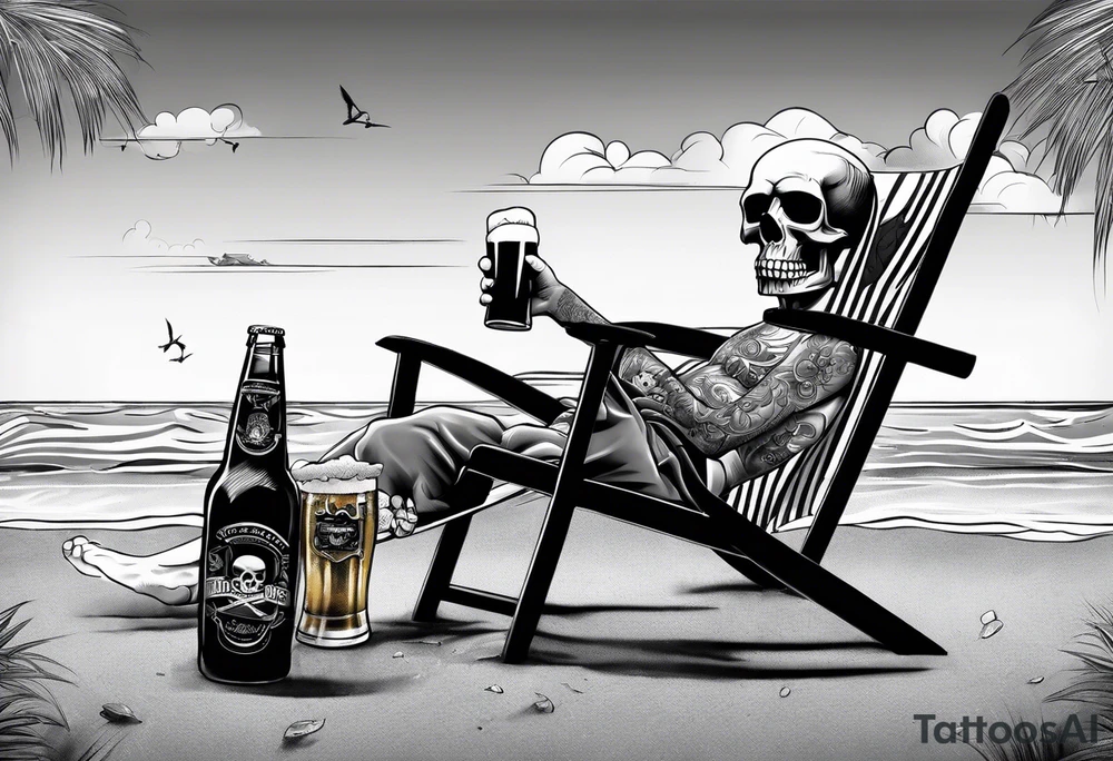 Skull body smoke on the beach sitting in a beach chair with a beer in its hand tattoo idea