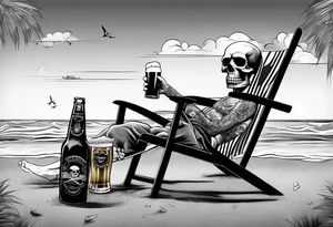 Skull body smoke on the beach sitting in a beach chair with a beer in its hand tattoo idea