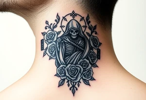 Evil Santa muerte rising out of smoke surrounded by 
 roses tattoo idea